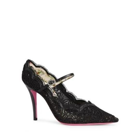 Gucci Women's Virginia Leather and Lace Mary Jane Pointed Toe Pumps sz EU 39.5 - Picture 3 of 11